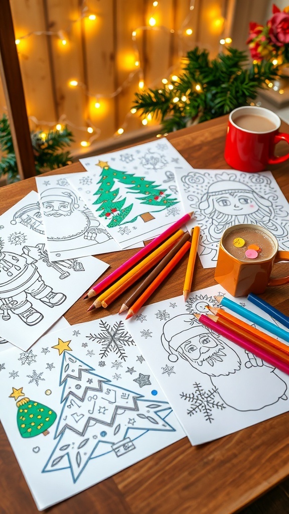 Christmas Coloring Pages with Guide Coloring pages with Christmas designs on a table, surrounded by coloring materials and festive decorations.